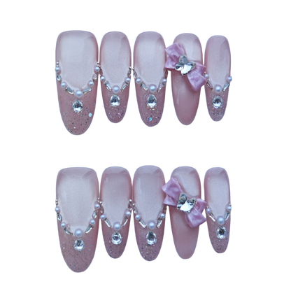 Pink Glitter Press-On Nails with Faux Pearls, Rhinestones & Bow Accents