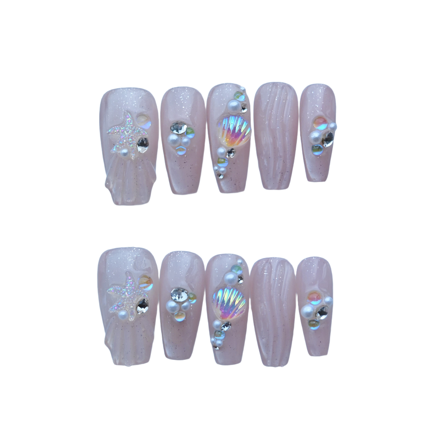 Pink Nude Mermaid Press-On Nails with 3D Seashell & Starfish Accents