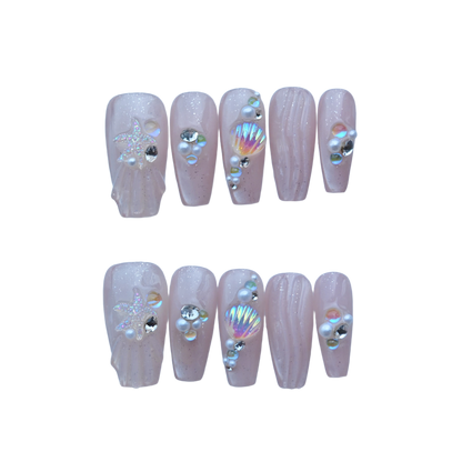 Pink Nude Mermaid Press-On Nails with 3D Seashell & Starfish Accents