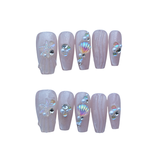 Pink Nude Mermaid Press-On Nails with 3D Seashell & Starfish Accents