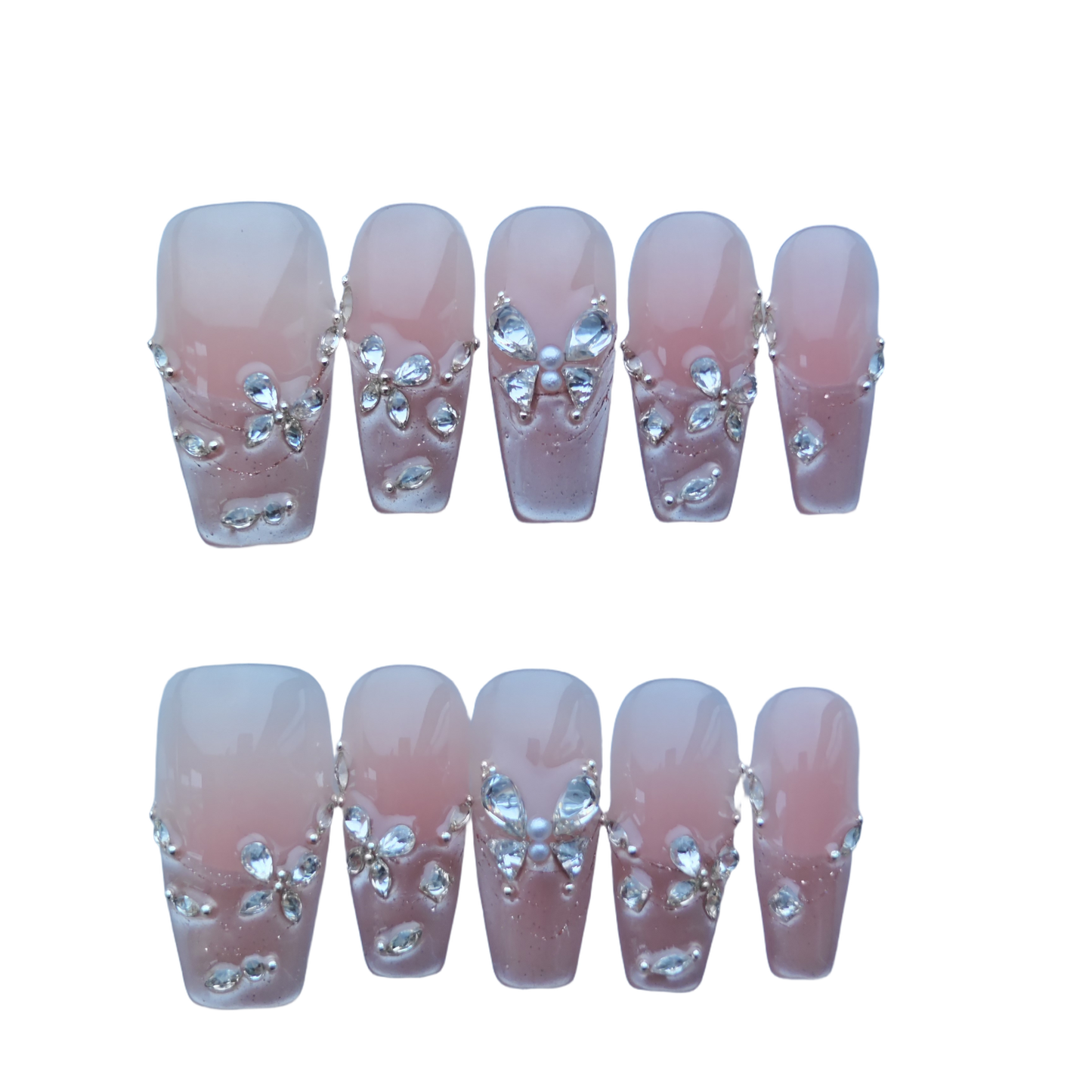 Pink Ombre Press-On Nails with Faux Gem Butterfly Accents