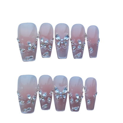 Pink Ombre Press-On Nails with Faux Gem Butterfly Accents