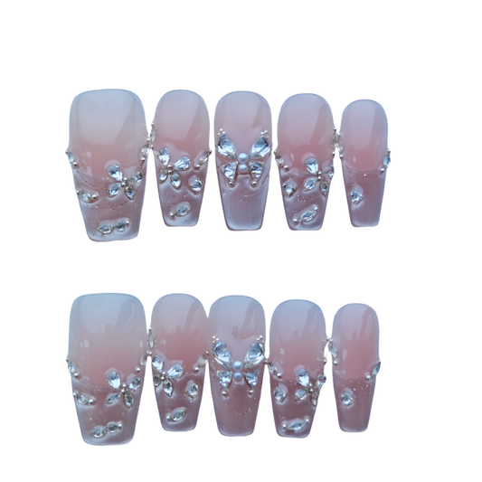 Pink Ombre Press-On Nails with Faux Gem Butterfly Accents