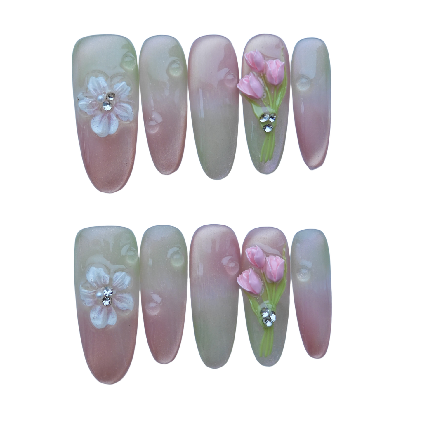 Pink Ombre Press-On Nails with Faux Petals, Pearls & Rhinestones