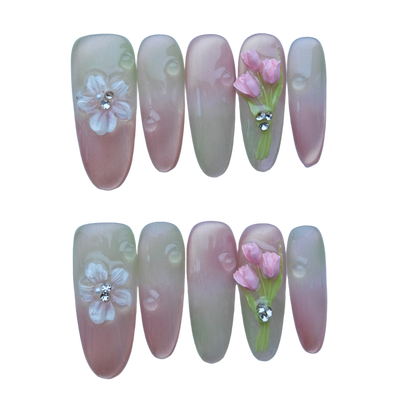Pink Ombre Press-On Nails with Faux Petals, Pearls & Rhinestones