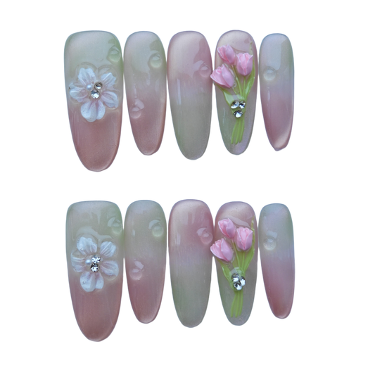 Pink Ombre Press-On Nails with Faux Petals, Pearls & Rhinestones