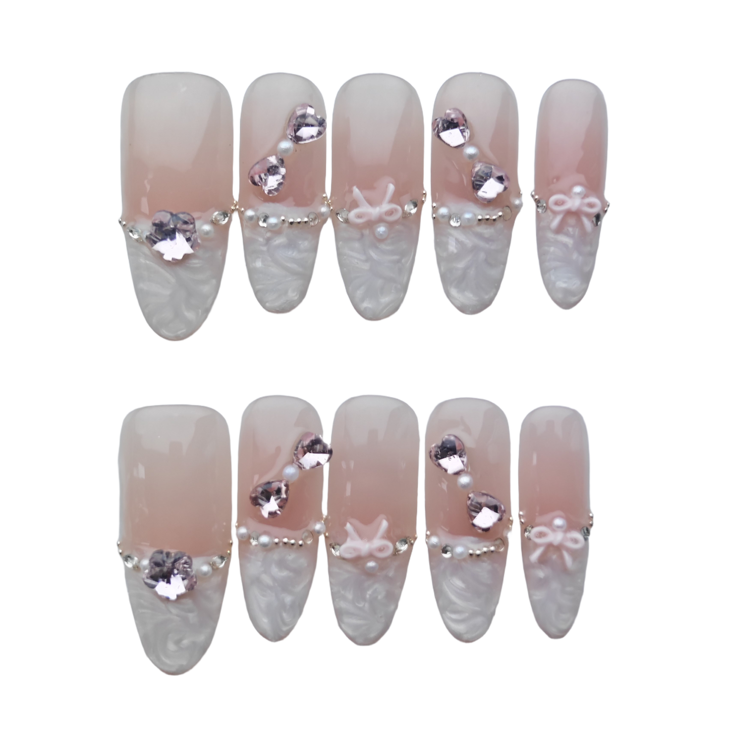 Pink Pearl Lace Press-On Nails – 3D Bow & Rhinestone Accent | Elegant French Nude Nail Design