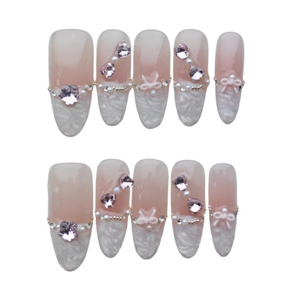 Pink Pearl Lace Press-On Nails – 3D Bow & Rhinestone Accent | Elegant French Nude Nail Design