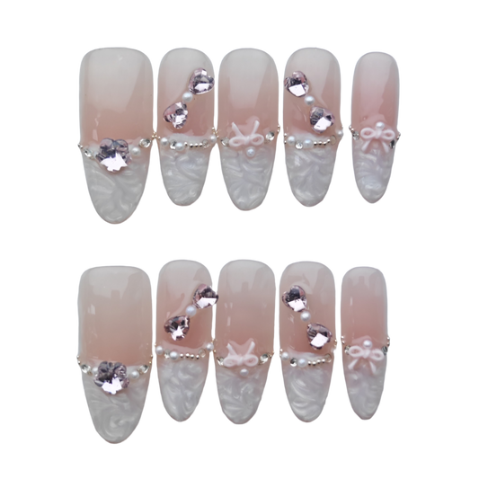 Pink Pearl Lace Press-On Nails – 3D Bow & Rhinestone Accent | Elegant French Nude Nail Design