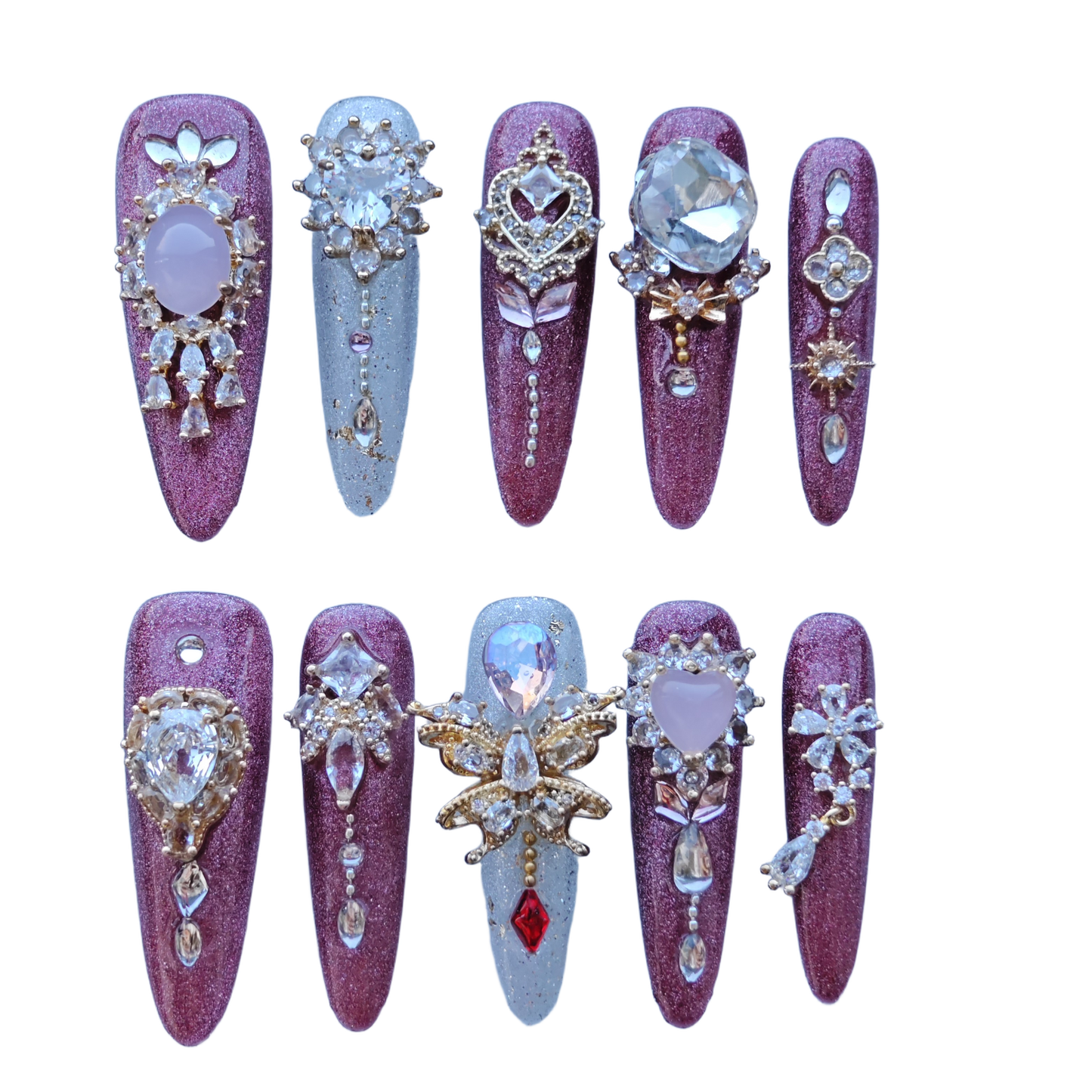 Royal Crystal Palace Press-On Nails – Pink Glitter Coffin Nails with Oversized Gem Charms & Gold Baroque Accents | Luxury Handmade Nails by Evadia Grace