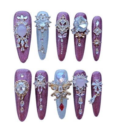Royal Crystal Palace Press-On Nails – Pink Glitter Coffin Nails with Oversized Gem Charms & Gold Baroque Accents | Luxury Handmade Nails by Evadia Grace