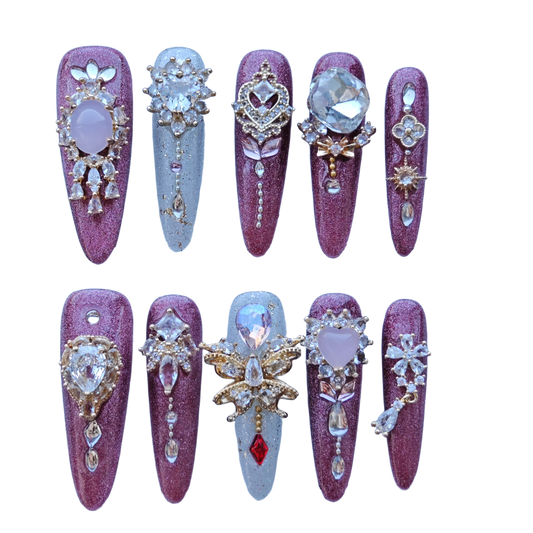 Royal Crystal Palace Press-On Nails – Pink Glitter Coffin Nails with Oversized Gem Charms & Gold Baroque Accents | Luxury Handmade Nails by Evadia Grace