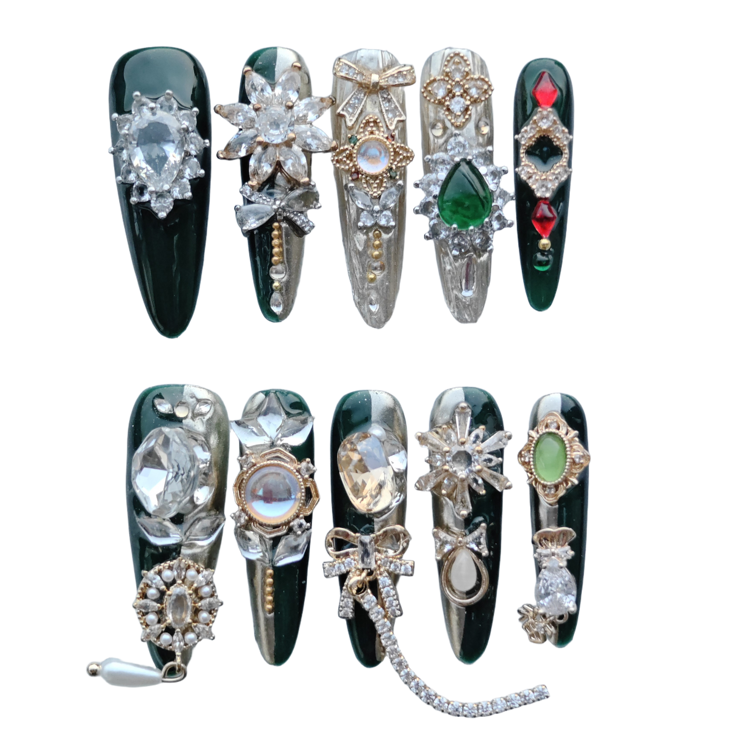 Royal Emerald Gala Nails – Deep Green & Gold Baroque Press-On Nails with Crystal Bow Charms | Luxury Vintage Jewel Nails by Evadia Grace