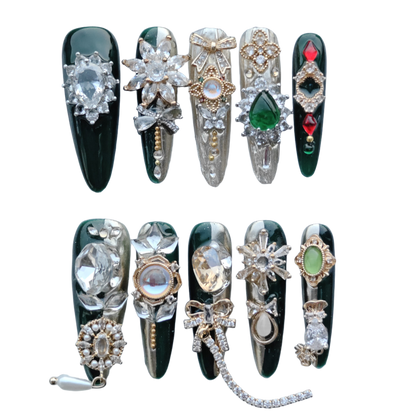 Royal Emerald Gala Nails – Deep Green & Gold Baroque Press-On Nails with Crystal Bow Charms | Luxury Vintage Jewel Nails by Evadia Grace