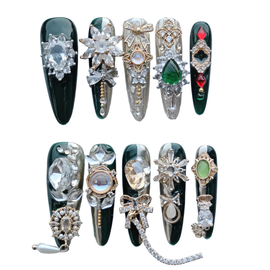 Royal Emerald Gala Nails – Deep Green & Gold Baroque Press-On Nails with Crystal Bow Charms | Luxury Vintage Jewel Nails by Evadia Grace