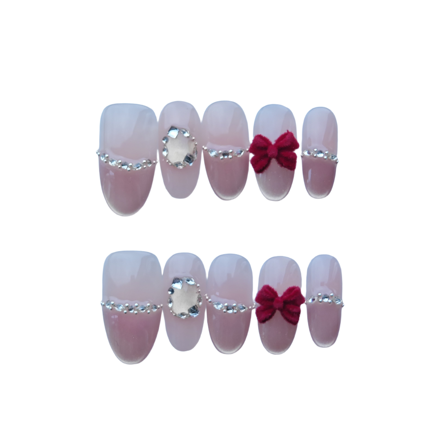 Red Velvet Bow Press-On Nails with Rhinestone Bands & Nude Pink Base