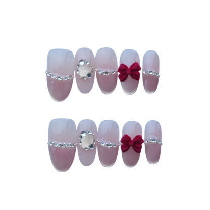 Red Velvet Bow Press-On Nails with Rhinestone Bands & Nude Pink Base