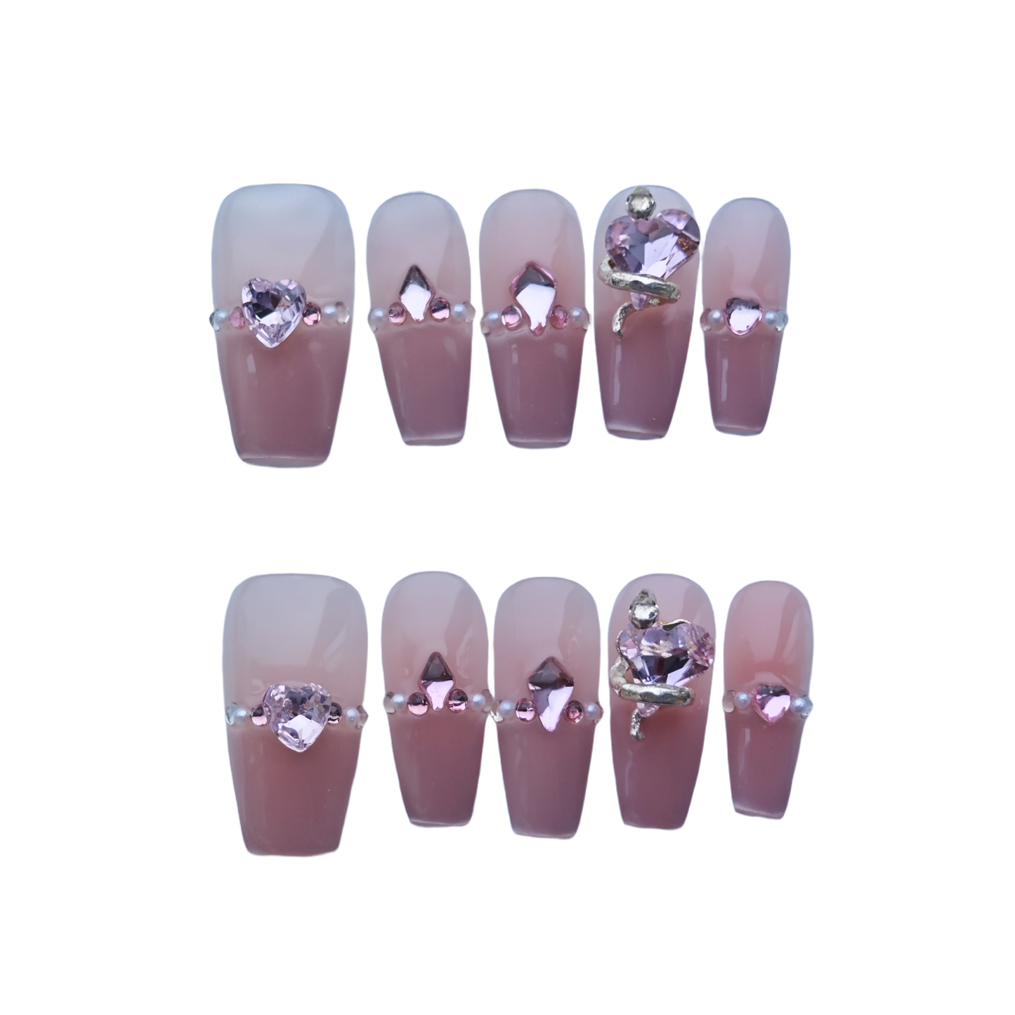 Romantic Pink Crystal Heart Press-On Nails