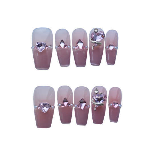 Romantic Pink Crystal Heart Press-On Nails
