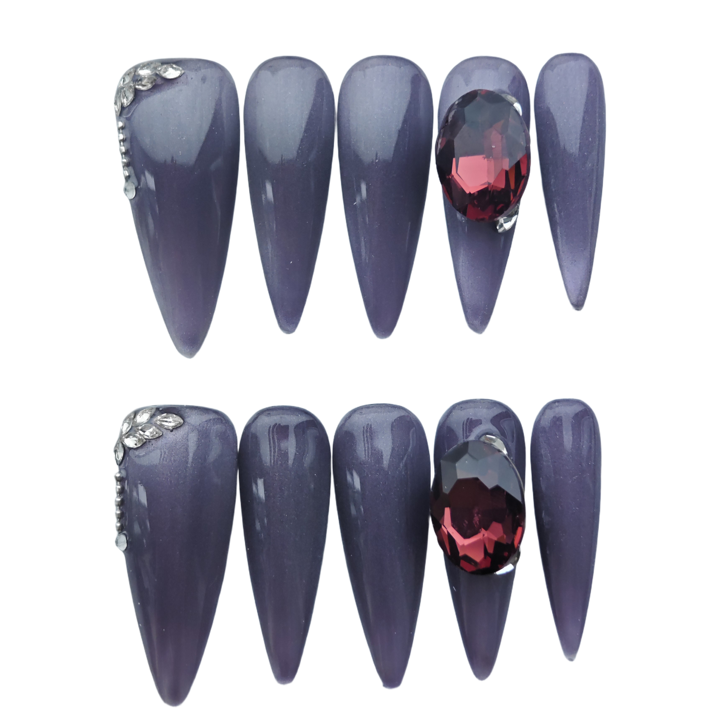 Royal Amethyst Press-On Nails – Long Stiletto with Red Gem and Silver Crystal Accents | Luxury Handmade Reusable Nail Art