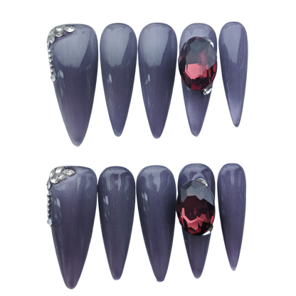 Royal Amethyst Press-On Nails – Long Stiletto with Red Gem and Silver Crystal Accents | Luxury Handmade Reusable Nail Art