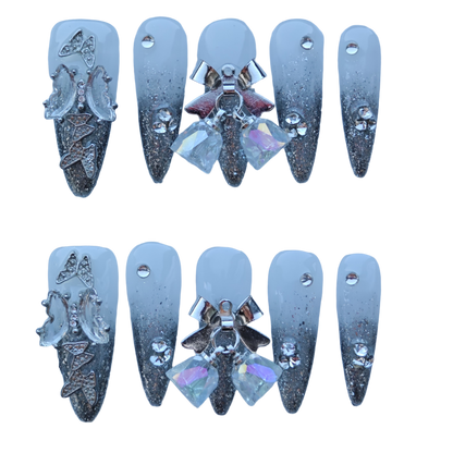 Silver Bell Butterfly Nails – Grey Ombre Glitter Press-On Nails with Crystal Bow Charms | Luxury Fairycore Nails by Evadia Grace
