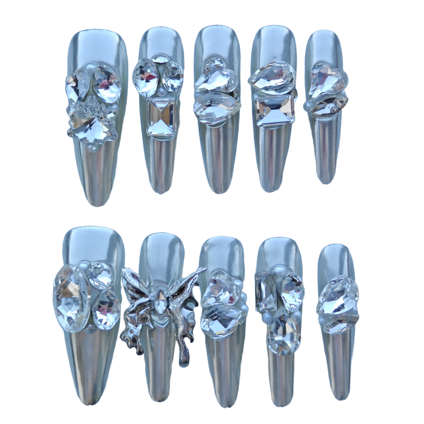 Silver Seraph Nails – Chrome Silver Crystal Press-On Nails with Butterfly & Rhinestone Accents | Luxury Gothic Fairy Nails by Evadia Grace