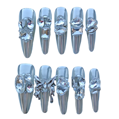 Silver Seraph Nails – Chrome Silver Crystal Press-On Nails with Butterfly & Rhinestone Accents | Luxury Gothic Fairy Nails by Evadia Grace