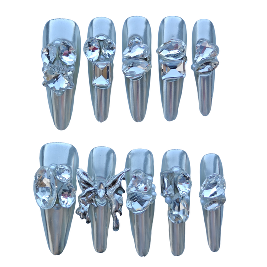 Silver Seraph Nails – Chrome Silver Crystal Press-On Nails with Butterfly & Rhinestone Accents | Luxury Gothic Fairy Nails by Evadia Grace