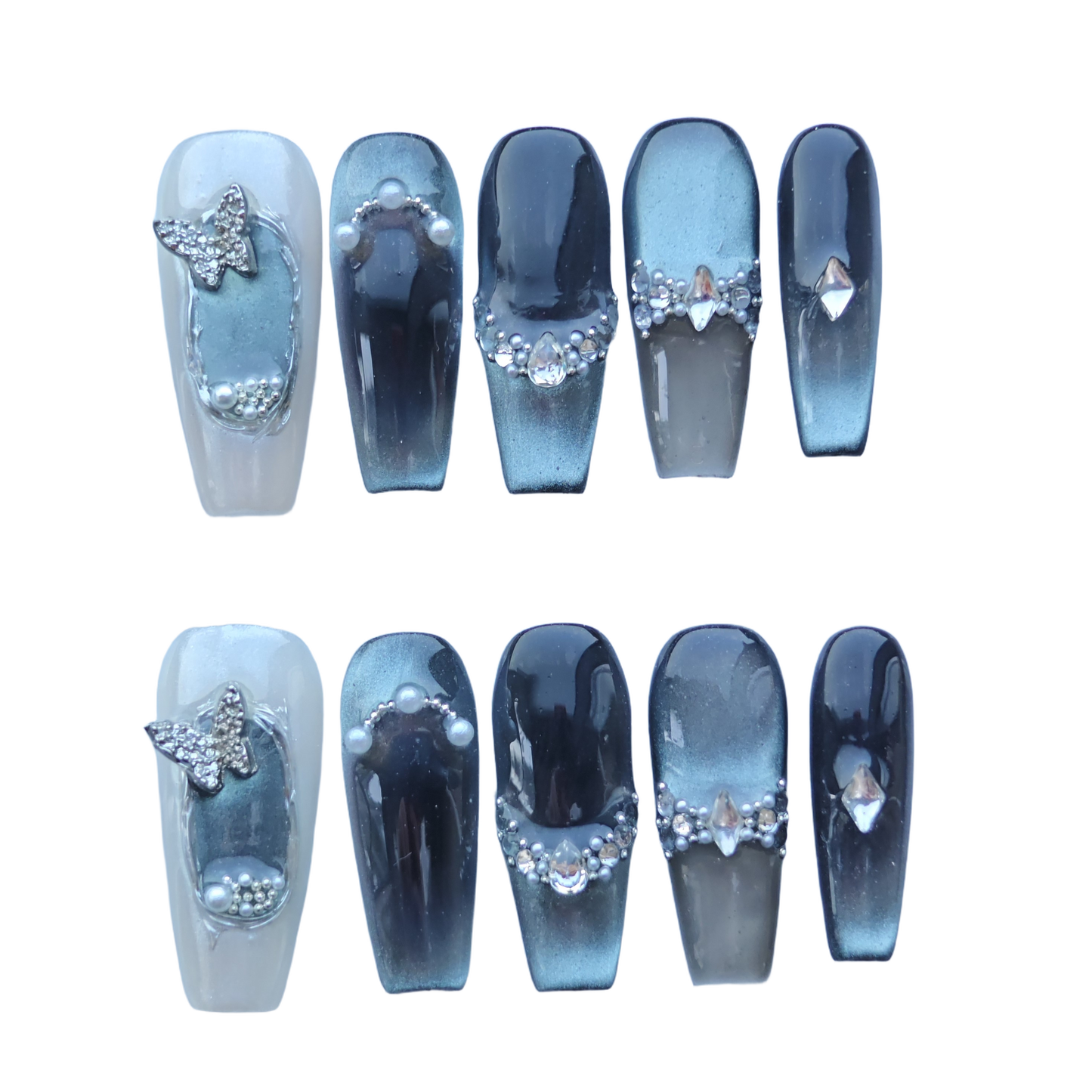 Silver Gradient Butterfly Gem Nails – Gray Ombre Press-On Nails with 3D Pearls & Crystal Butterfly | Elegant Gothic Romance Nails by Evadia Grace