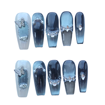 Silver Gradient Butterfly Gem Nails – Gray Ombre Press-On Nails with 3D Pearls & Crystal Butterfly | Elegant Gothic Romance Nails by Evadia Grace