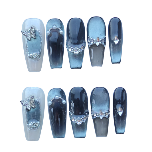 Silver Gradient Butterfly Gem Nails – Gray Ombre Press-On Nails with 3D Pearls & Crystal Butterfly | Elegant Gothic Romance Nails by Evadia Grace
