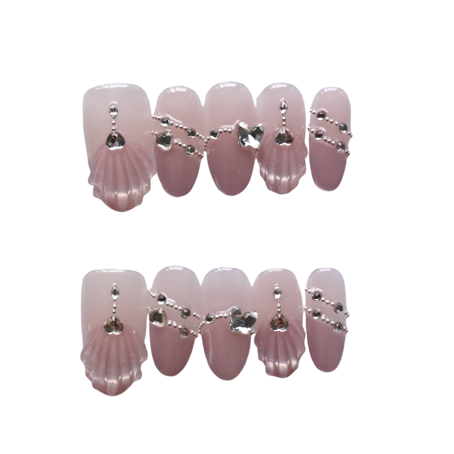 Shell-Inspired Pink Press-On Nails with Faux Diamond & Silver Chain Accents
