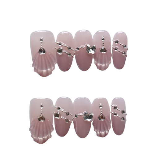 Shell-Inspired Pink Press-On Nails with Faux Diamond & Silver Chain Accents