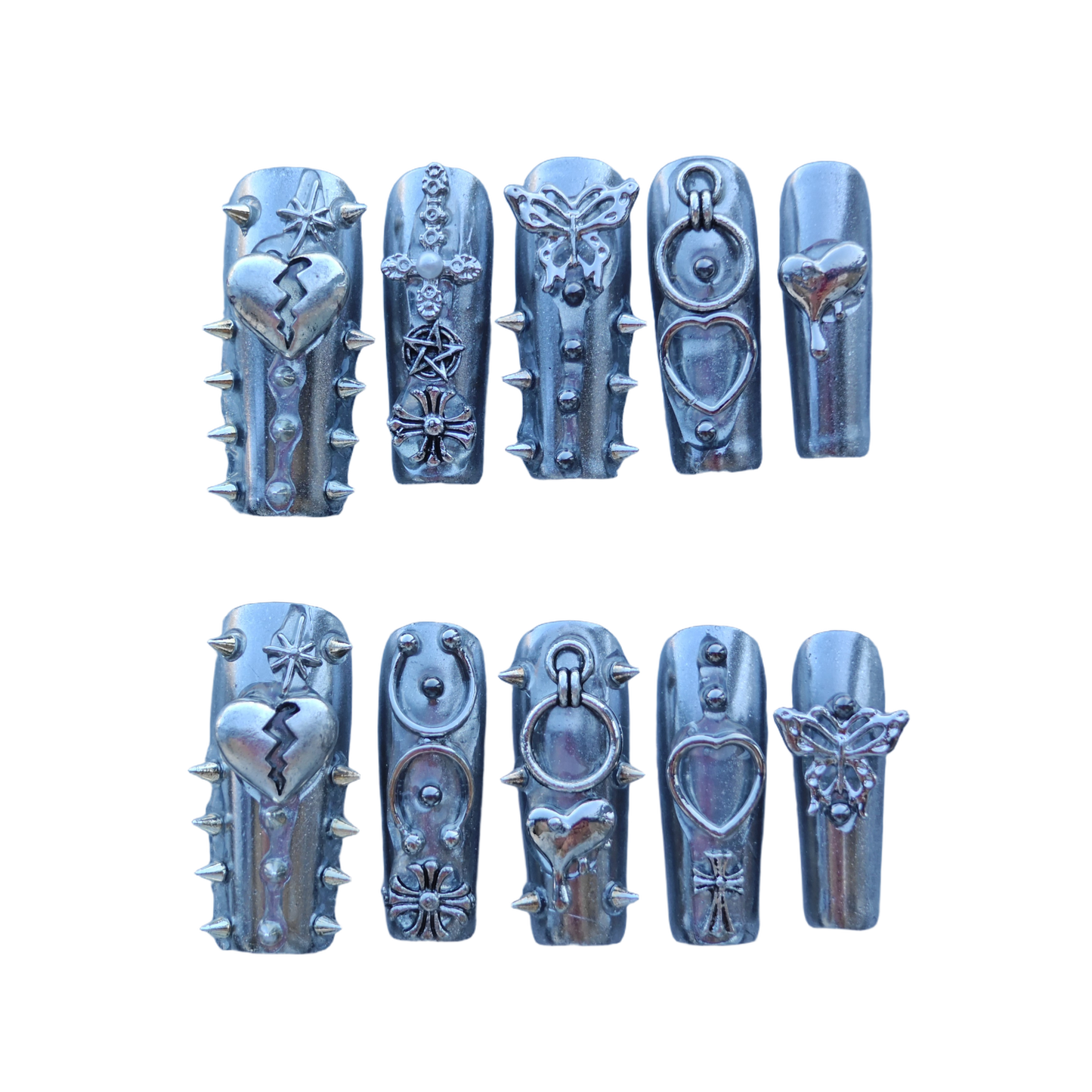 Silver Armor Nails – Spiked Chrome Press-On Nails with Heart, Cross & Butterfly Accents | Cyber Gothic Punk Design by Evadia Grace