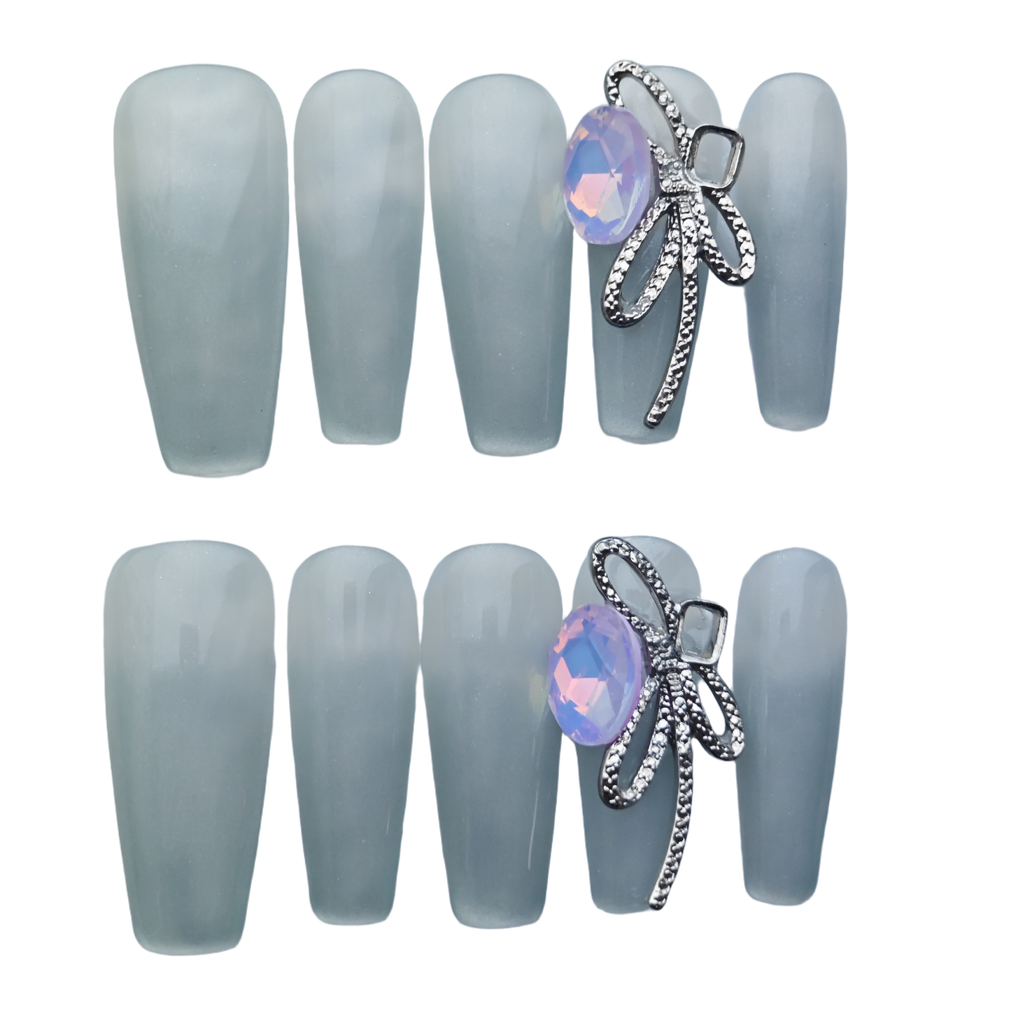 Silver Frost Matte Press-On Nails – Minimalist Opal Gem with Metal Ribbon Accent