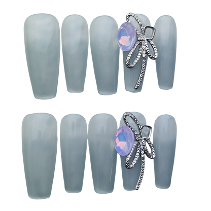 Silver Frost Matte Press-On Nails – Minimalist Opal Gem with Metal Ribbon Accent