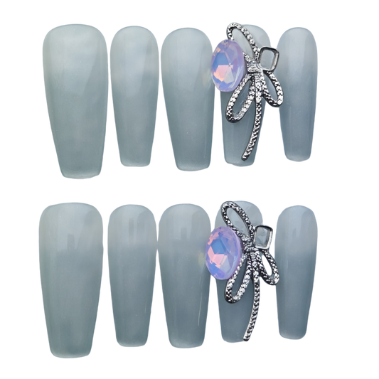 Silver Frost Matte Press-On Nails – Minimalist Opal Gem with Metal Ribbon Accent