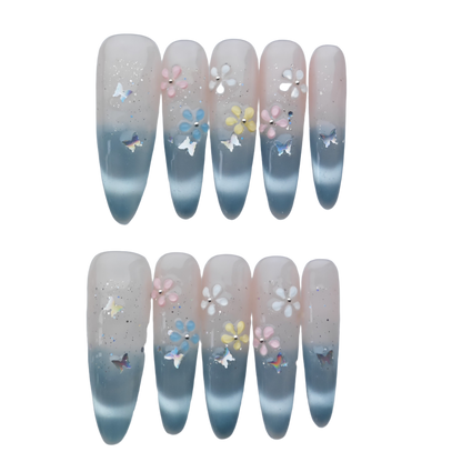 Spring Blossom Ombre Press-On Nails – Blue Gradient with 3D Flowers & Butterfly Accents | Long Coffin Handmade Nail Art