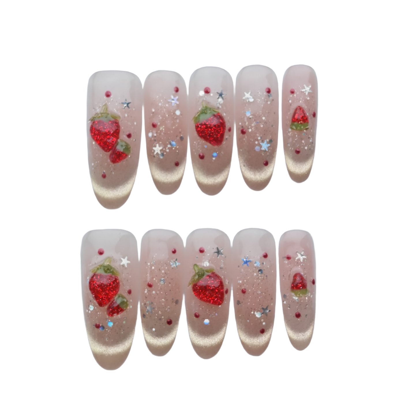 Strawberry Glitter Press-On Nails – Nude Pink with Red Berry Design and Gold Sparkle | Cute Handmade Long Nail Art