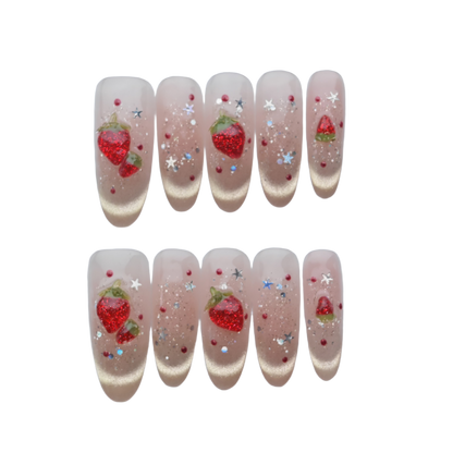 Strawberry Glitter Press-On Nails – Nude Pink with Red Berry Design and Gold Sparkle | Cute Handmade Long Nail Art