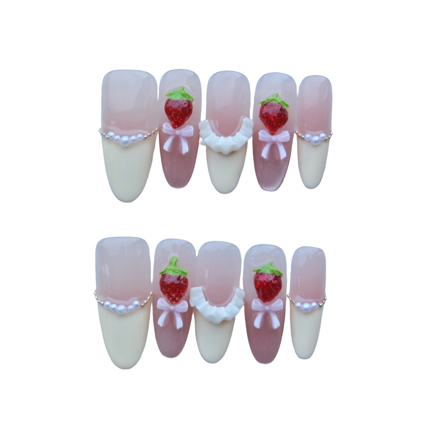 Strawberry & Pearl Press-On Nails with 3D Bows and Ruffle Accents