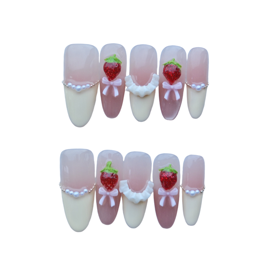 Strawberry & Pearl Press-On Nails with 3D Bows and Ruffle Accents