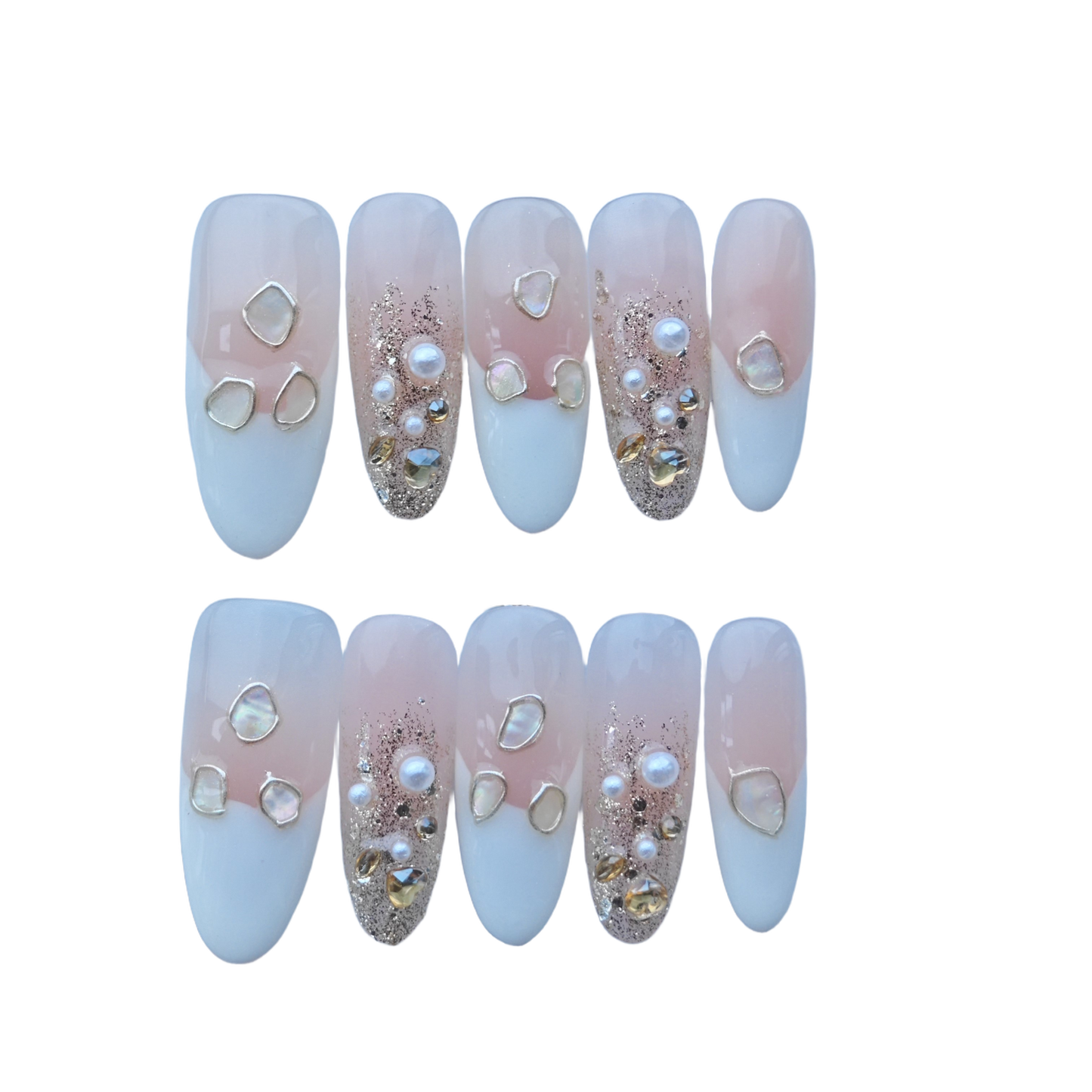 White & Gold Glitter Press-On Nails with Faux Pearls & Iridescent Shell Accents
