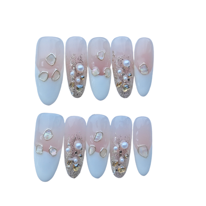 White & Gold Glitter Press-On Nails with Faux Pearls & Iridescent Shell Accents