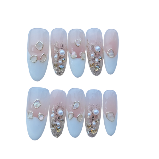 White & Gold Glitter Press-On Nails with Faux Pearls & Iridescent Shell Accents