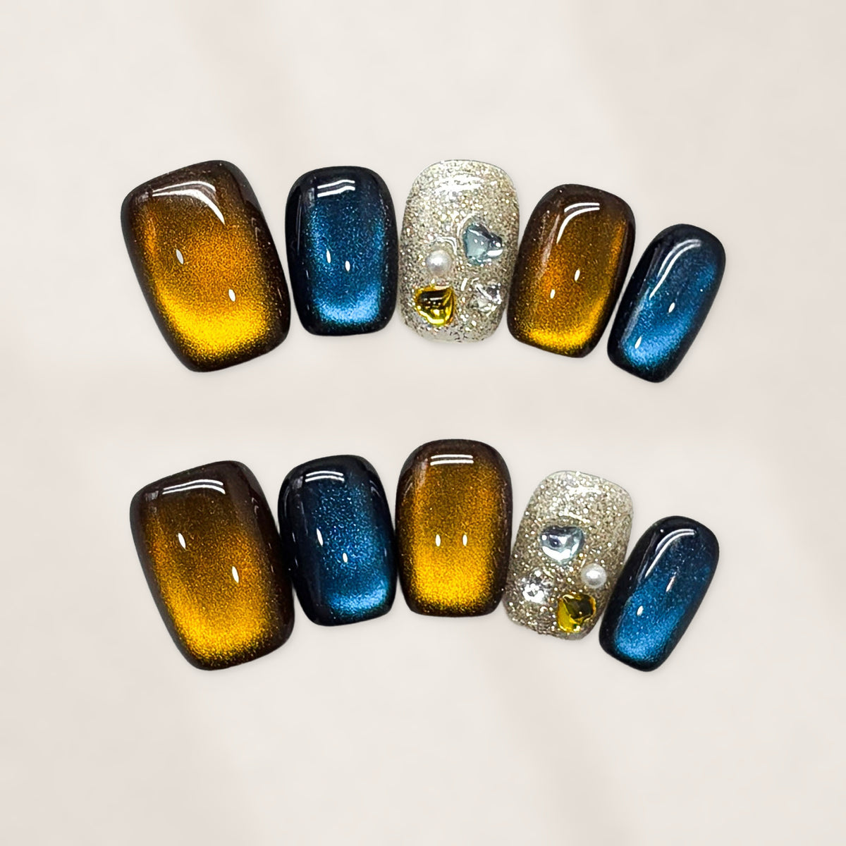 Amber Teal Cat-Eye Short Squoval Press-On Nails with Silver Glitter, Crystal Charms, and Luxe Autumn Contrast  16mm