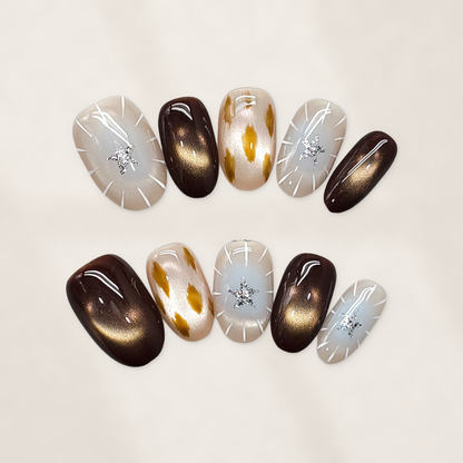 Velvet Mocha Safari: Short Squoval Press-On Nails with Cat-Eye Shine, Golden Spots, and Crystal Starbursts  20mm
