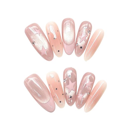 Wish Upon Blush with Mauve Cat-Eye Coffin Press-On Nails and Silver Star Sparkle  22mm