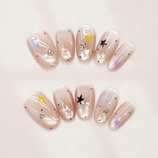 Starlit Blush Jelly Oval Press-On Nails with Aurora Bursts, Pearly Foil, and Crystal Sparkle  20mm